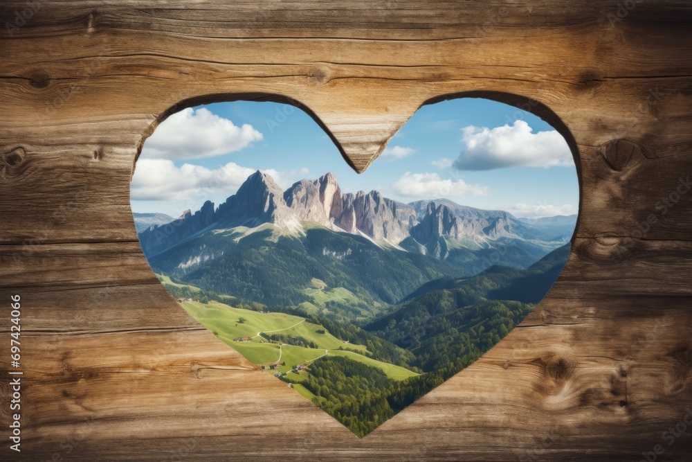 Poster hole in a wooden fence in the shape of a heart with a view of the mountains, framing. background wit