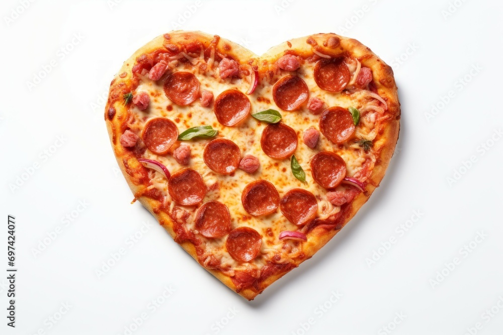 Poster pizza in the shape of a heart. background with selective focus and copy space