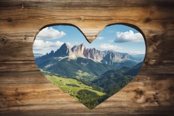Hole in a wooden fence in the shape of a heart with a view of the mountains, framing. Background with selective focus