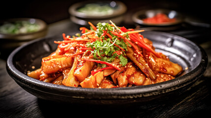 Kimchi, a Korean delight, adorned with pickled vegetables and red pepper