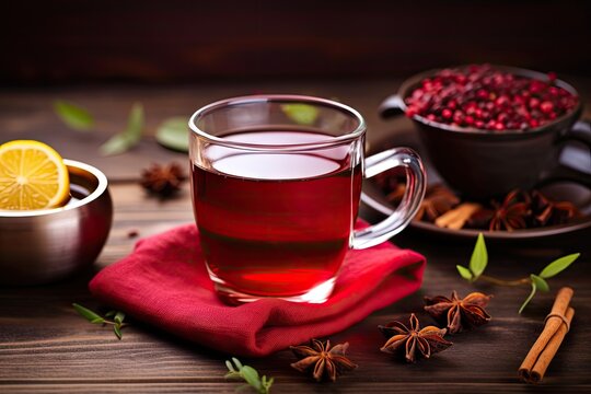 Mulled Wine, Winter Cranberry Hibiscus Drink with Spices on Festive New Year Background, Christmas Tea