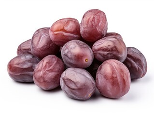 Fototapeta premium Dry Plums Isolated, Dried Black Fruits, Prune Group, Dry Plum Fruit on White Background