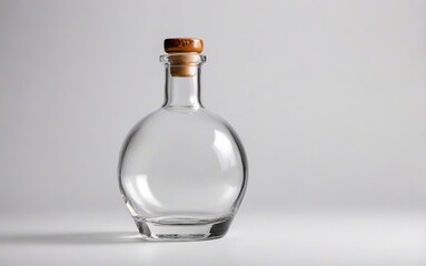Botella de vidrio vacía , redonda, con tapón de corcho sobre fondo blanco  