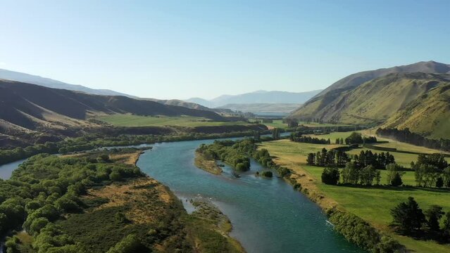 Kurow town in New Zealand mountain area of South Island &ndash; aerial panorama 4k.
