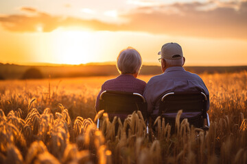 Old grandmother and grandfather, grandparents, grandma amd grandpa on a wheelchair look at sunset....