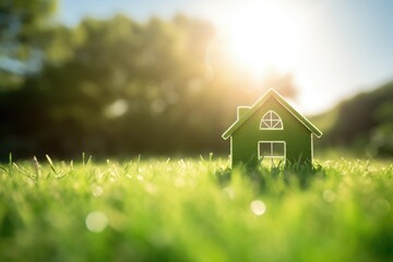 House icon on a lush green lawn with the sun shining overhead with copy space. Representation of a green home and environmentally friendly construction - obrazy, fototapety, plakaty