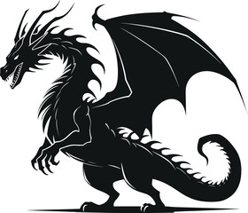 Silhouette of a dragon spreading its wings. Dragon symbol images for use in graphic design. AI generated illustration. - obrazy, fototapety, plakaty