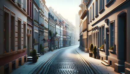 Quiet side street with minimal pedestrian activity, featuring a cobblestone path and quaint building facades, exuding a serene and charming urban atmosphere