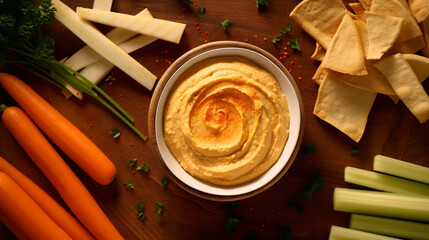 Hummus with Carrot Sticks Top View. over white timber. AI Generative - obrazy, fototapety, plakaty