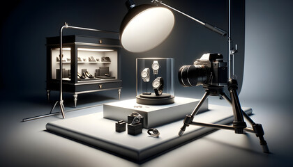Professional photo studio setting for product photography, featuring a camera on a tripod, a luxury watch, high-end sunglasses, and a sophisticated gadget