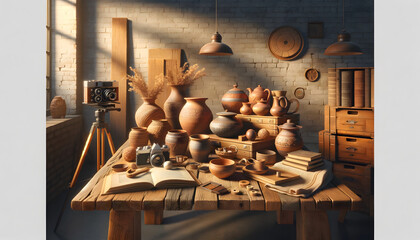 Rustic, vintage-themed photo studio with a wooden table displaying handcrafted pottery, vintage books, and a classic film camera, illuminated by warm, ambient lighting