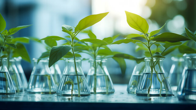 Des plantes dans des &eacute;prouvettes en verre dans un laboratoire. 