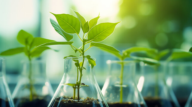 Des recherches en laboratoire sur des plantes dans une s&eacute;rie d'&eacute;prouvettes en verre.