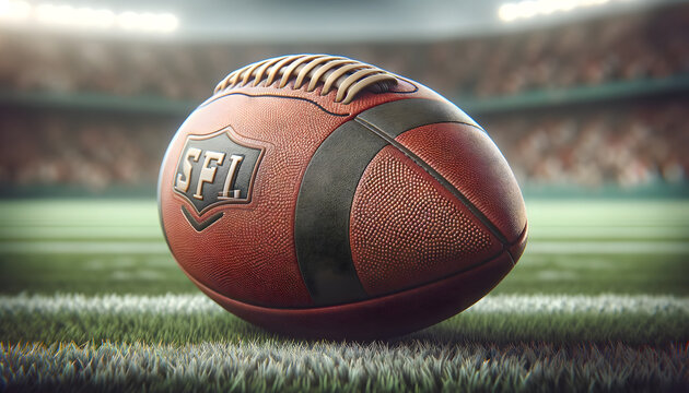 Close-up of a football, detailed texture and stitching, with a blurred football field background, shot using a telephoto camera