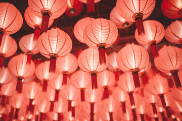 Rows of vibrant red lantern decoration for Chinese new year festival. Generative AI