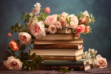 Stack of books adorned with fresh flowers. Concept of relaxation and reading. Generative AI