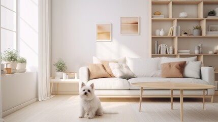 Modern interior of bright, cozy living room in a Scandinavian style in soft colors with Purebred white Bichon Frize dog. Advertising, banner, poster, placard. Ideal for pet, home, or lifestyle content