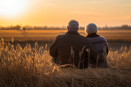 Old grandmother and grandfather, grandparents, grandma amd grandpa look at sunset. pensioners retirees senor and senorita happy sad old age.
