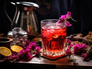 Fototapeta premium Hibiscus Tea in Glass Cup, Dry Rose Drink, Cold Fruit Red Tea, Iced Karkade in Transparent Mug