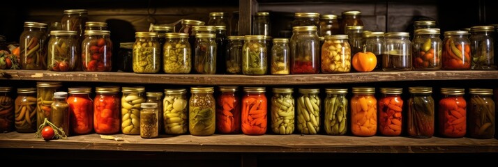 Pickling, Canning Vegetables, Many Glass Jars with Domestic Pickles in Basement, Canned Vegetables