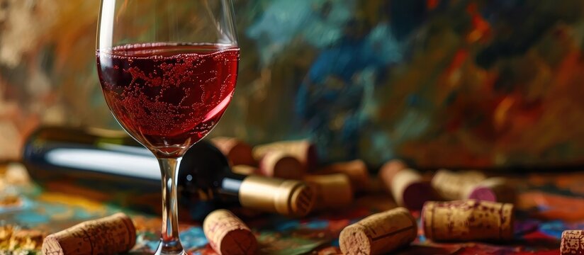 Picture of wine glass and corks painted with wine.