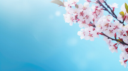Banner with a branch of blossoming cherry or almond on the right on a blue background with bokeh. Copy space