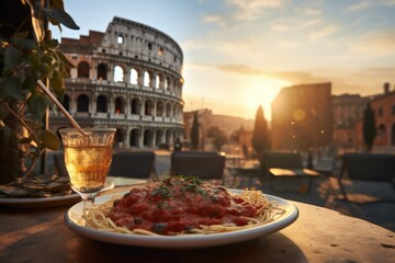 Classic Flavors in Rome: Spaghetti Bolognese on a Rustic Table at a Cozy Café, Accompanied by Full-Bodied Red Wine - The Majestic Colosseum Provides a Stunning Backdrop to the Sunset Dining Experience - obrazy, fototapety, plakaty