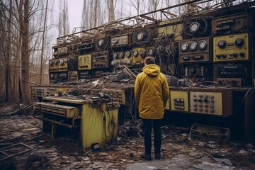 A man in a yellow jacket stands in an abandoned factory and looks at the old equipment.