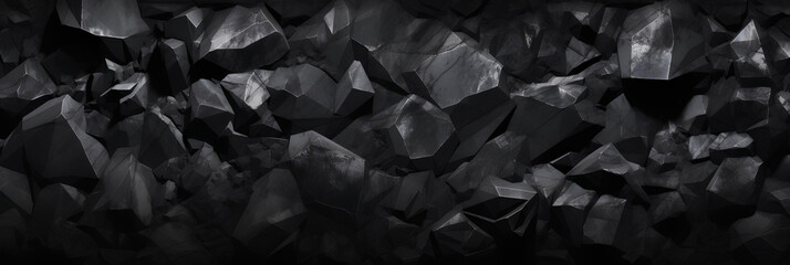 Wide black stone background banner wallpaper design. Dark rock grunge texture. Mountain surface close-up cracked empty copy space - obrazy, fototapety, plakaty