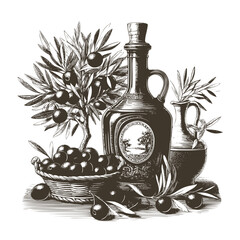 Monochrome illustration in vintage style with a basket of fresh olives and a bottle of olive oil surrounded by olive branches - 697428014