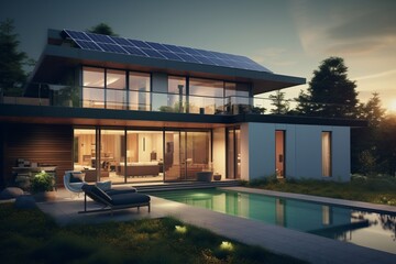 3d rendering of modern cozy house with pool and parking for sale or rent. Sunset in the background.