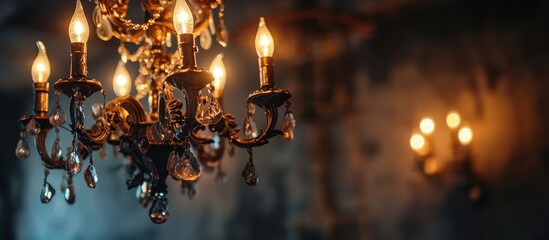Italian styled vintage chandelier, retro ceiling lamp, hanging in a dark room.