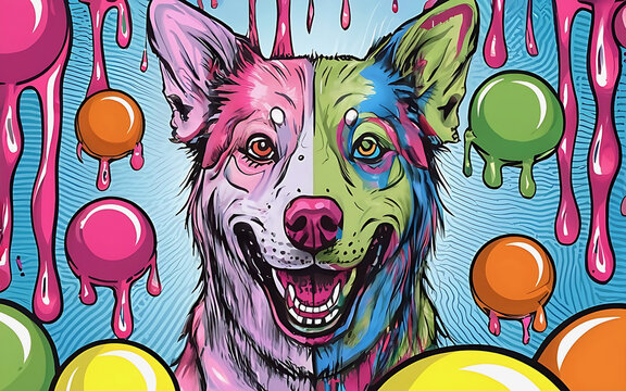 Anime 2D style bright ink art Alphonse Mucha and Josias Severo half portrait of a happy dog in a room filled with color drops neon smiley balls