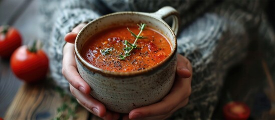 Woman with a cup of tomato soup. - obrazy, fototapety, plakaty