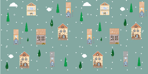Christmas pattern winter city background,  houses, and trees, falling snow on kraft paper