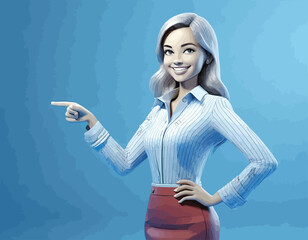 3D illustration of standing beautiful blonde woman pointing finger at direction. Portrait of cartoon smiling elegant attractive businesswoman in red skirt