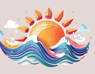 3D Sun with wave icon. Sunset and sunrise concept.