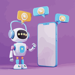 Artificial intelligence chat on mobile phone concept - Illustration of robot assistant answering question with speech bubbles and smartphone in background