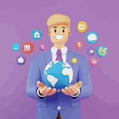 Business global data internet connection technology and digital marketing, Businessman holding virtual global with computer network application icon, Digital link tech, big data