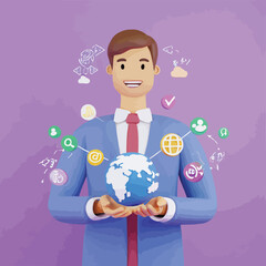 Business global data internet connection technology and digital marketing, Businessman holding virtual global with computer network application icon, Digital link tech, big data