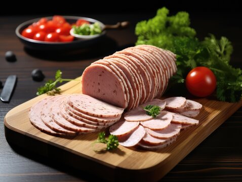Mortadella Slices on Plate, Luncheon Meat Cut, Chicken Ham, Boiled Sausage for Breakfast, Mortadella Slices