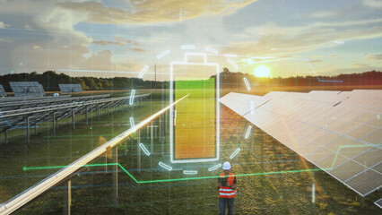 Engineer at solar panel power station checking the efficiency of the cells with smart tablet...