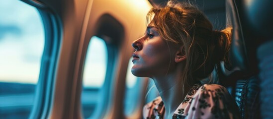 Stressed woman on plane with motion sickness. Attention on medicine. - obrazy, fototapety, plakaty
