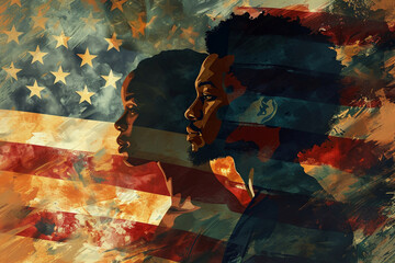 An image capturing the pride of an African American man and woman, with the American flag as a backdrop