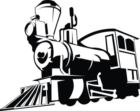 Cartoon Black and White Isolated Illustration Vector Of A Vintage Locomotive Steam Train 
