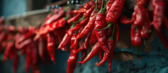 Foto op Aluminium Dangling red chili peppers on clips. © AkuAku