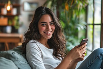 Happy young latin woman sitting on sofa holding mobile phone using cellphone technology doing ecommerce shopping, buying online, texting messages relaxing on couch in cozy living room at home.