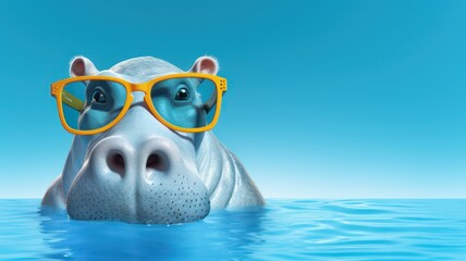 Funny hippo with sunglasses cartoon style on bright blue background with lots of copy space on the right side created with Generative AI - obrazy, fototapety, plakaty