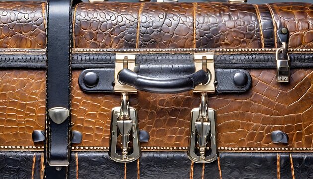 Close-up detail of the locks and handle of an antique crocodile skin suitcase. Generative AI
