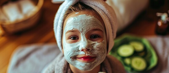 Child with face mask and towel on head, enjoying spa day at beauty salon with cucumber slices.